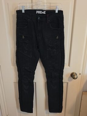 PREME Men's Black Straight Jeans with Ribbed & Distressed Detailing